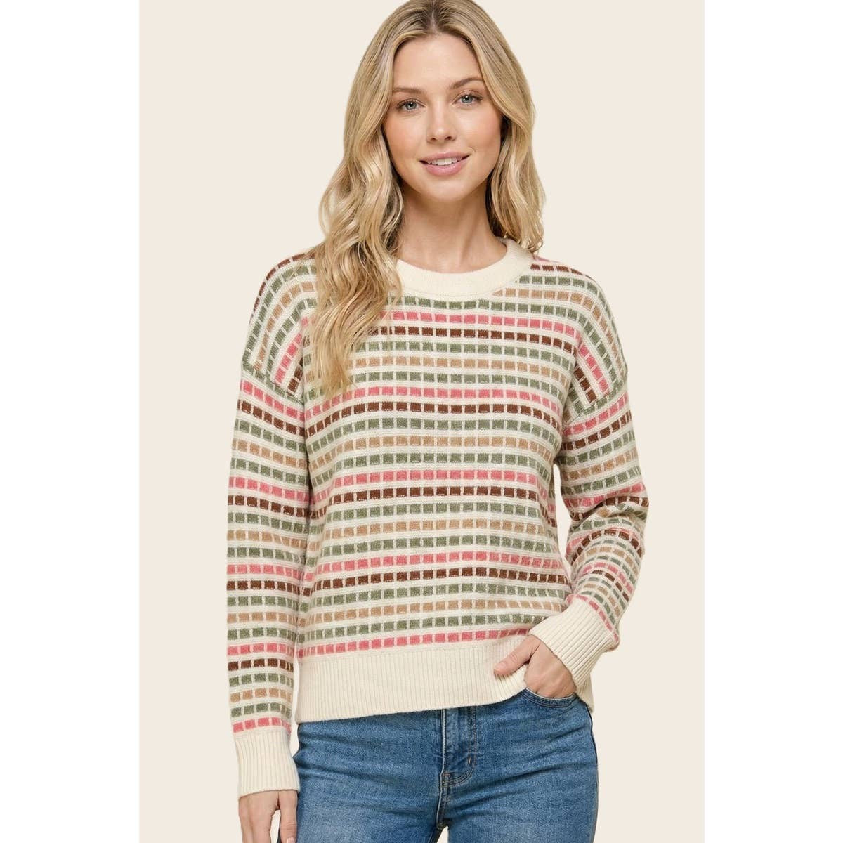 Staccato Pink/Olive Multi Texture Stripe Crew Neck Sweater
