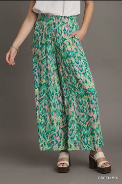 Umgee Green + Pink Printed Wide Leg Flowy Pants