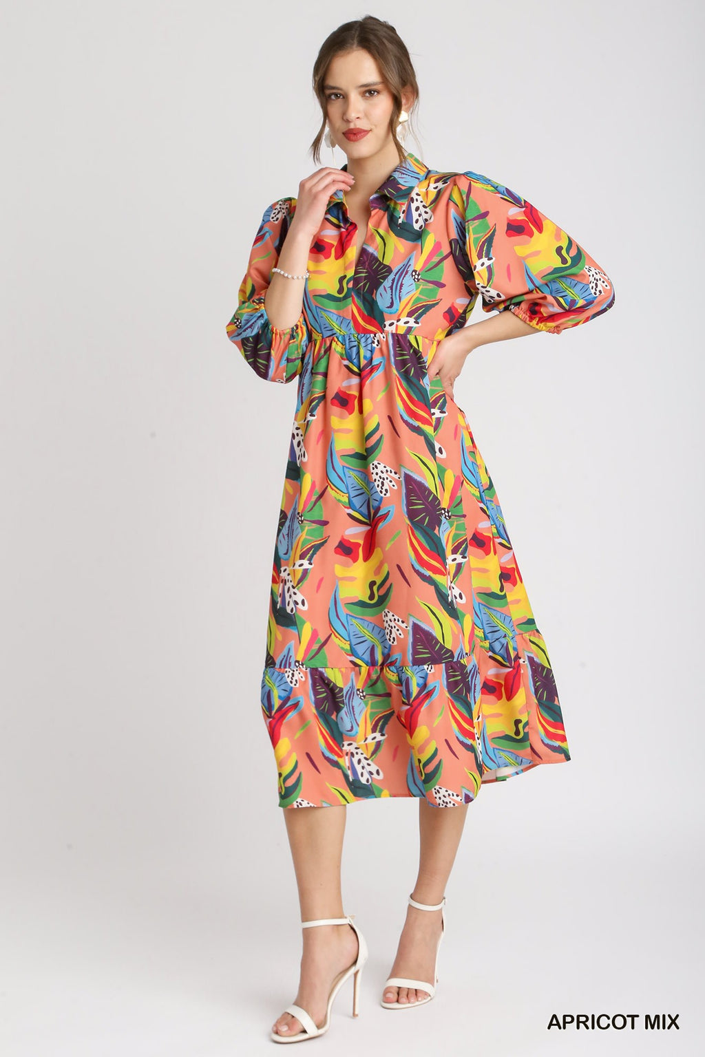 Umgee Apricot Tropical Print A-line Collared Midi Dress