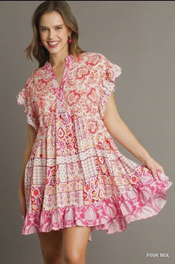 Umgee Pink Mixed Print Short Ruffle Dress