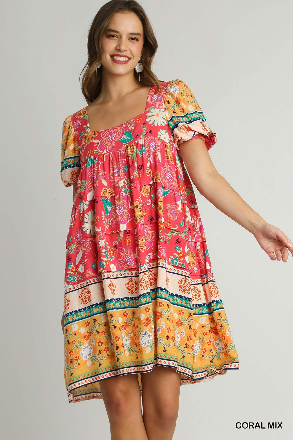 Umgee Coral Printed Tiered Short Dress