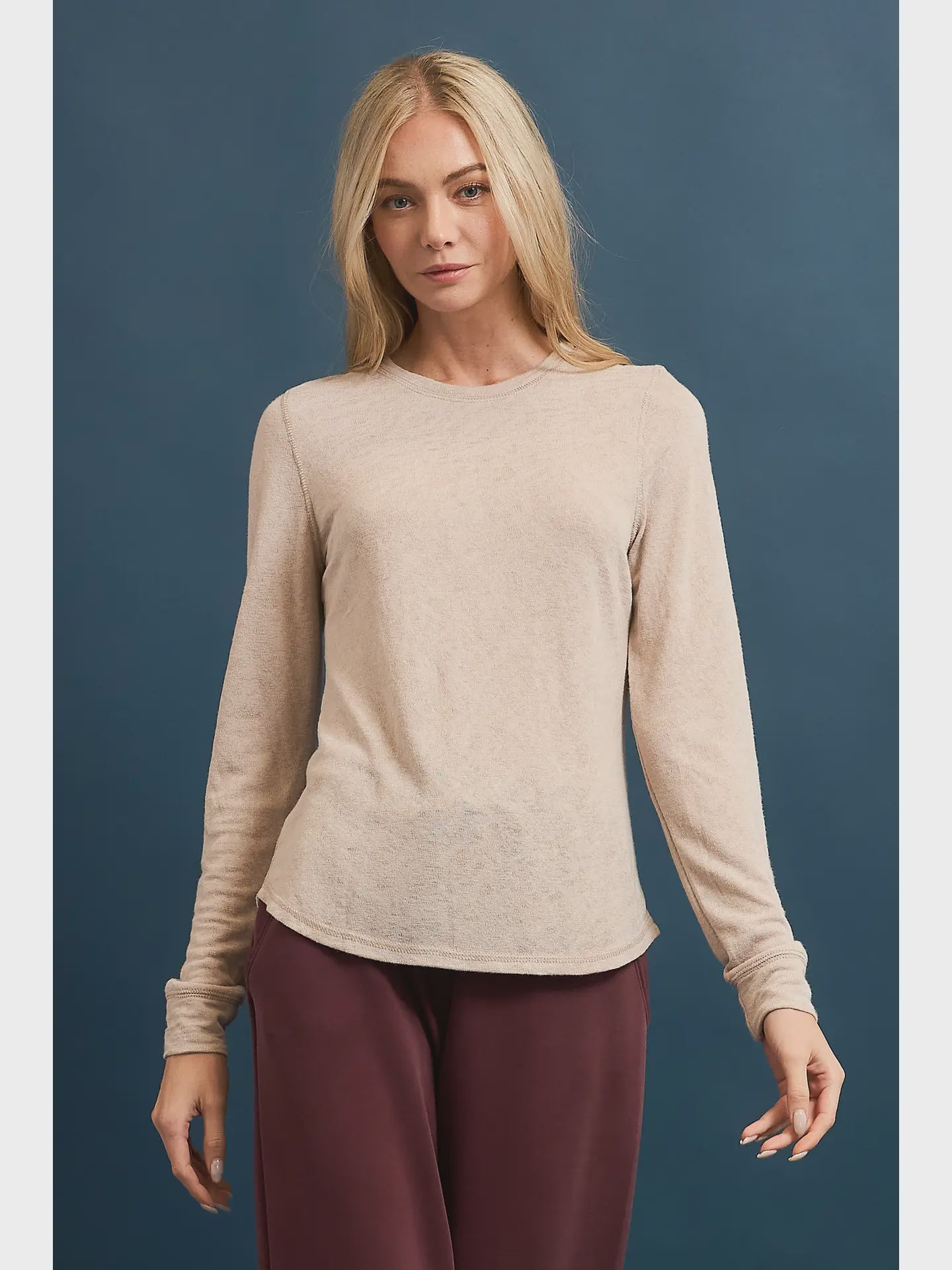Wasabi + Mint Lightweight Slub Hacci Fitted Long Sleeve Top - Latte