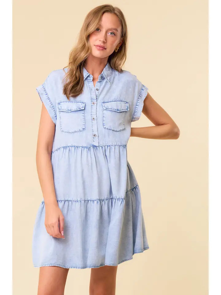 Short Sleeve Ruffled Hem Tencel Denim Dress