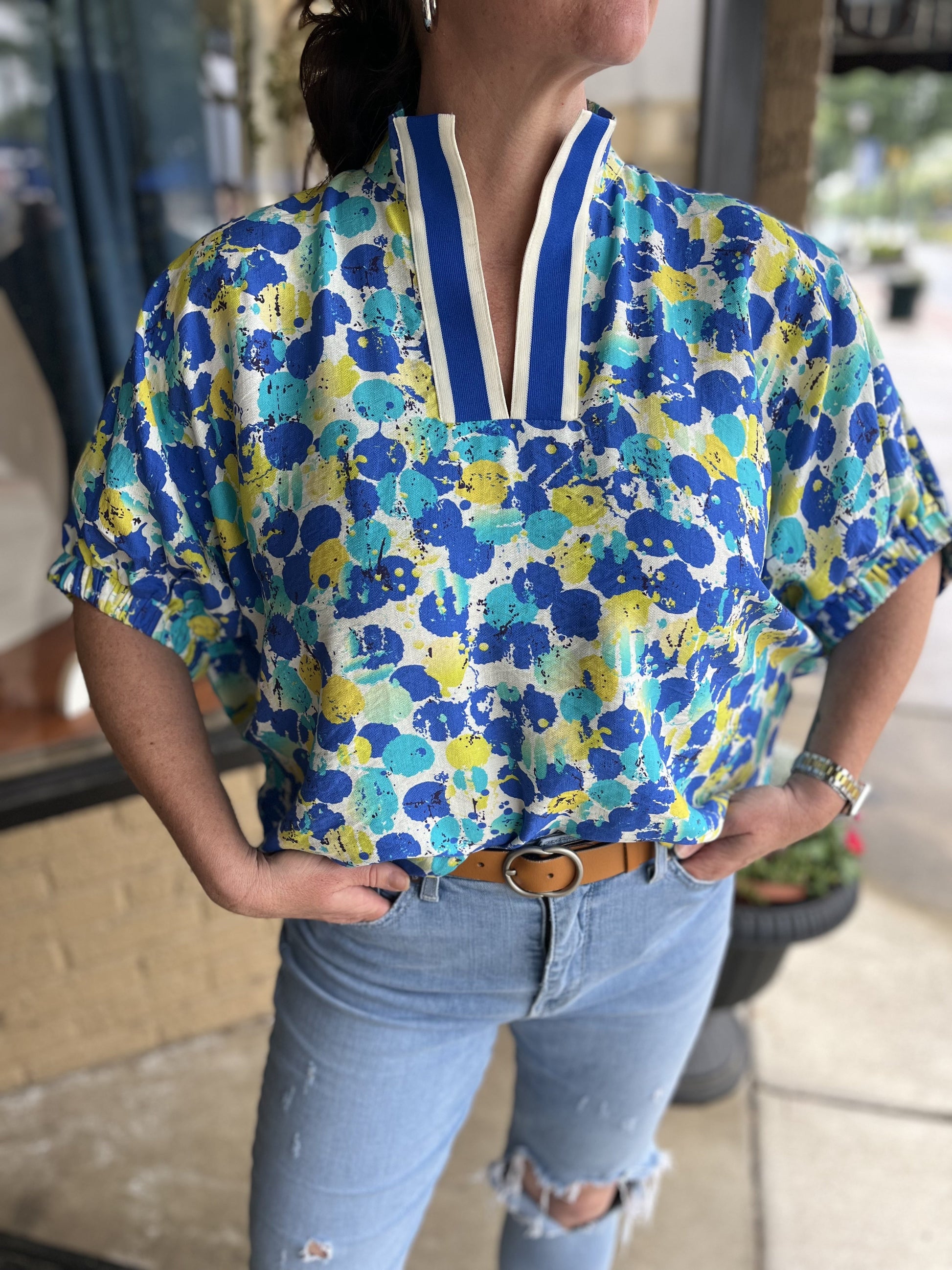 Abstract Print Elastic Sleeve Dolman Top Entro