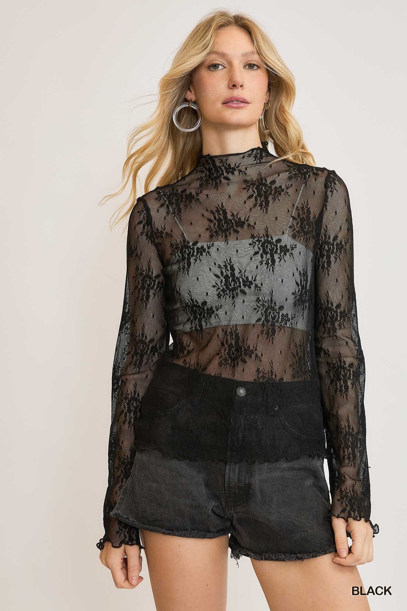 Umgee Floral Lace Long Sleeve Top – Layering Essential - Black