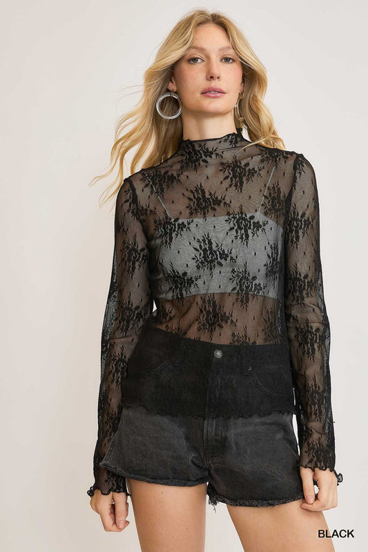 Umgee Floral Lace Long Sleeve Top – Layering Essential - Black