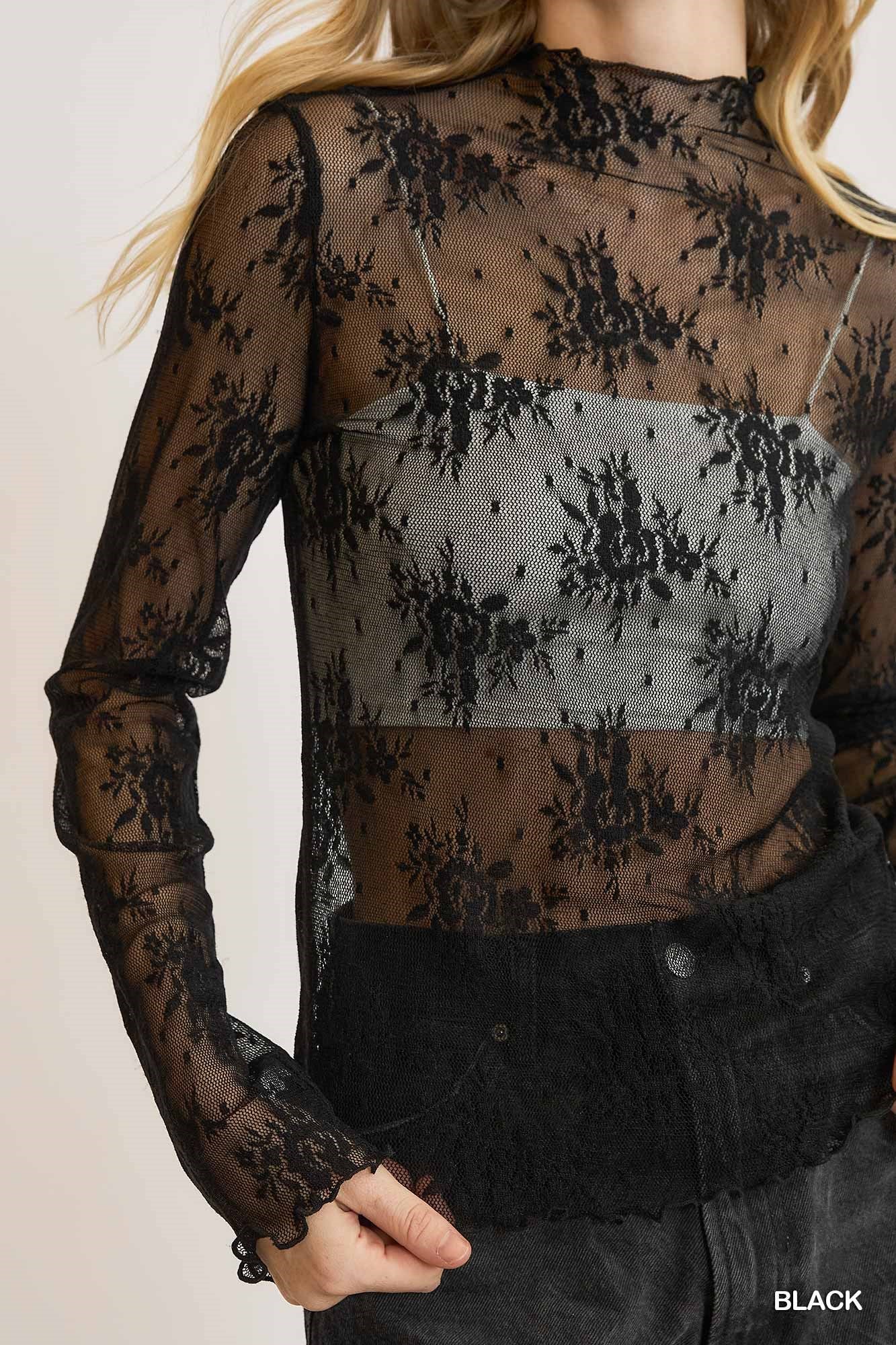 Umgee Floral Lace Long Sleeve Top – Layering Essential - Black