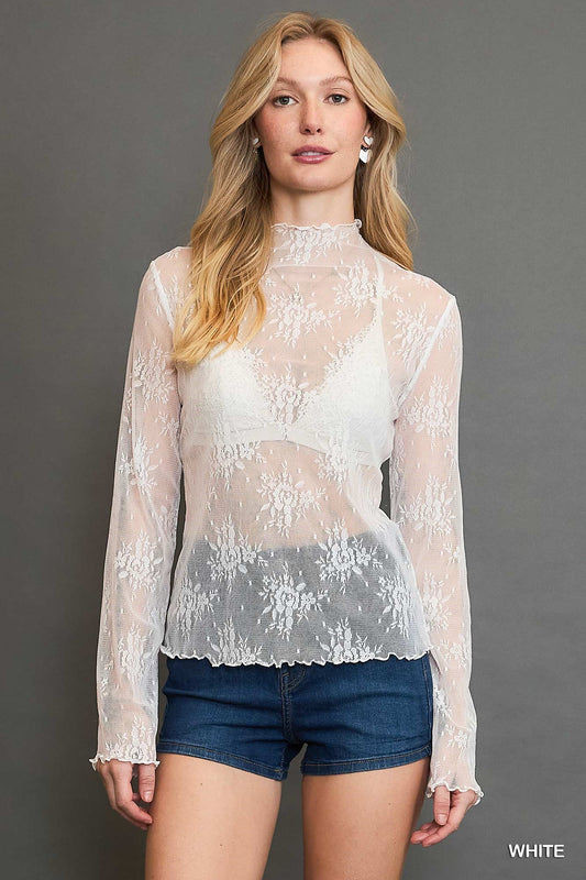 Umgee Floral Lace Long Sleeve Top – Layering Essential - White