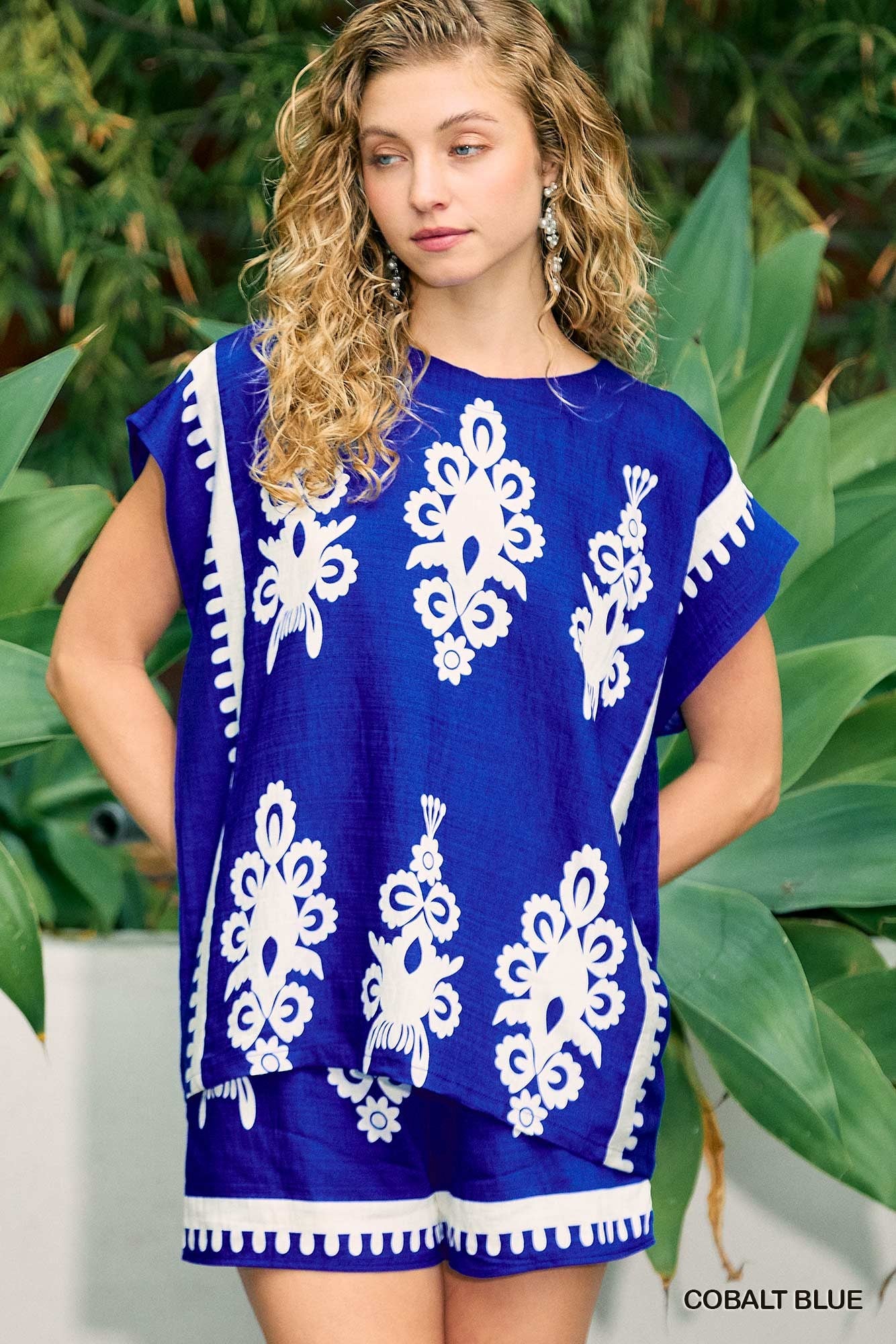 Umgee Cobalt Blue Border Print Poncho Top – Women's Relaxed Boho Viscose Blouse