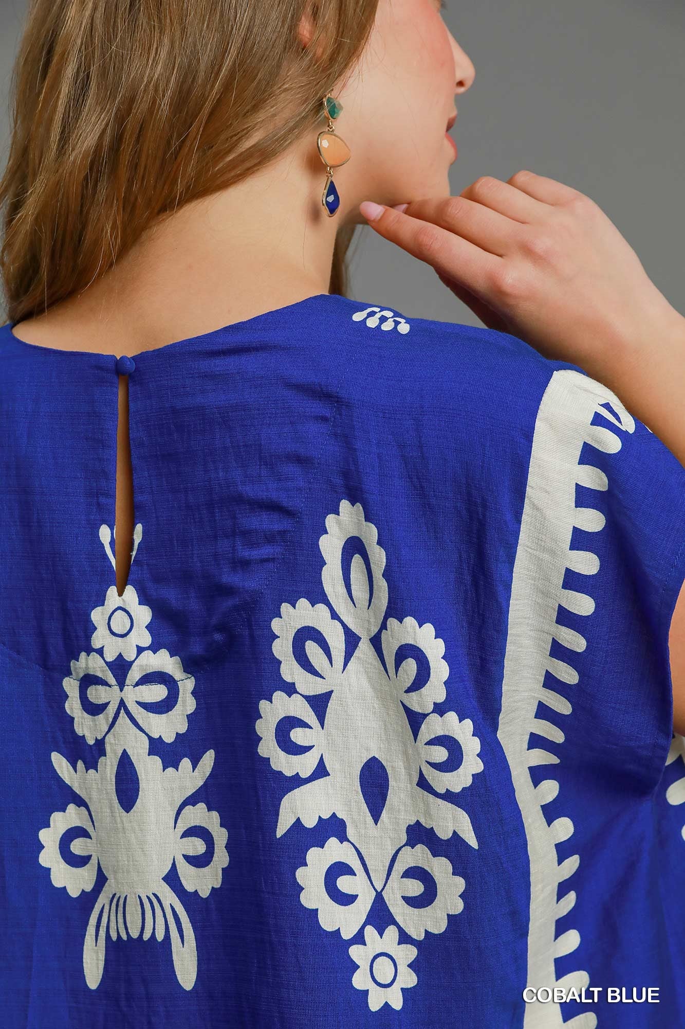 Umgee Cobalt Blue Border Print Poncho Top – Women's Relaxed Boho Viscose Blouse