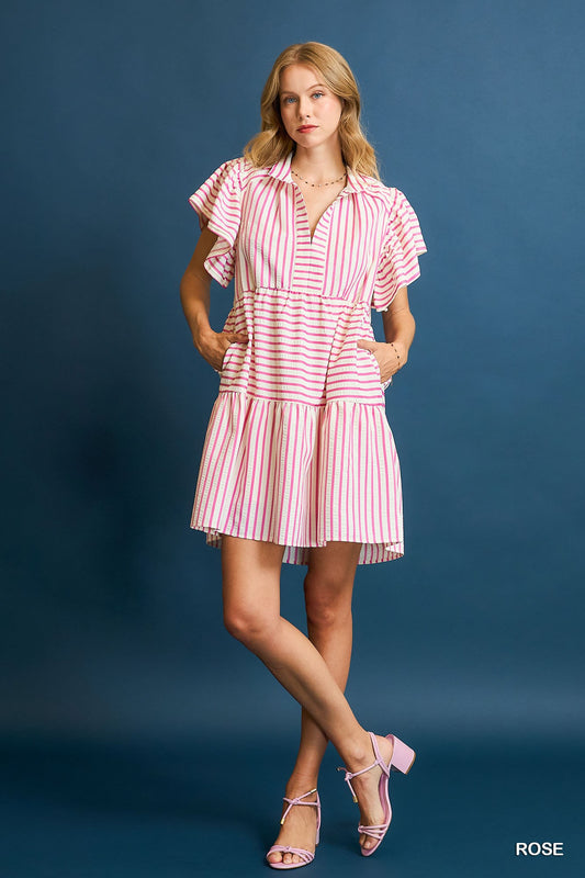 Umgee Rose Striped Flutter Sleeve Babydoll Dress