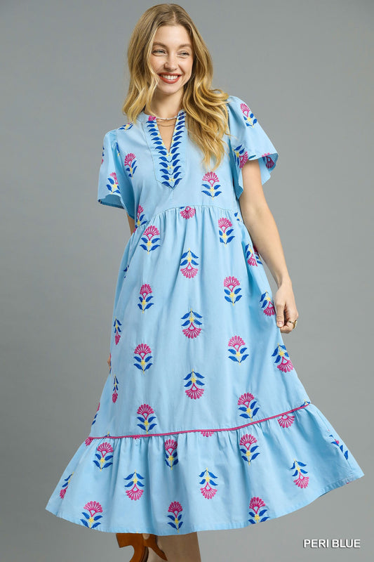 Umgee Peri Blue Embroidered Tiered Midi Dress