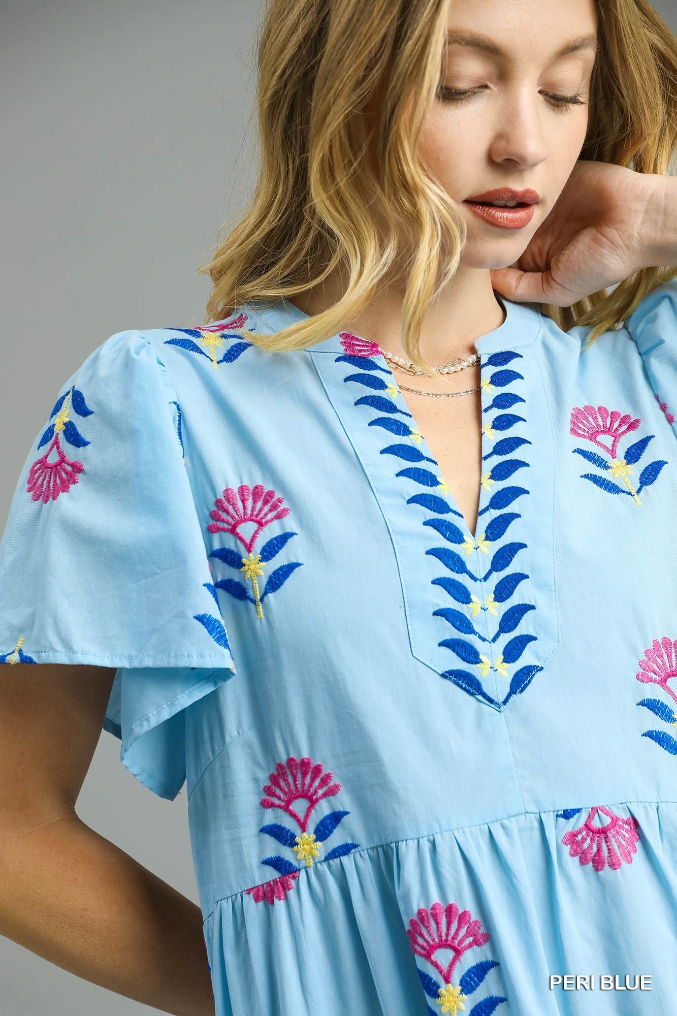 Umgee Peri Blue Embroidered Tiered Midi Dress