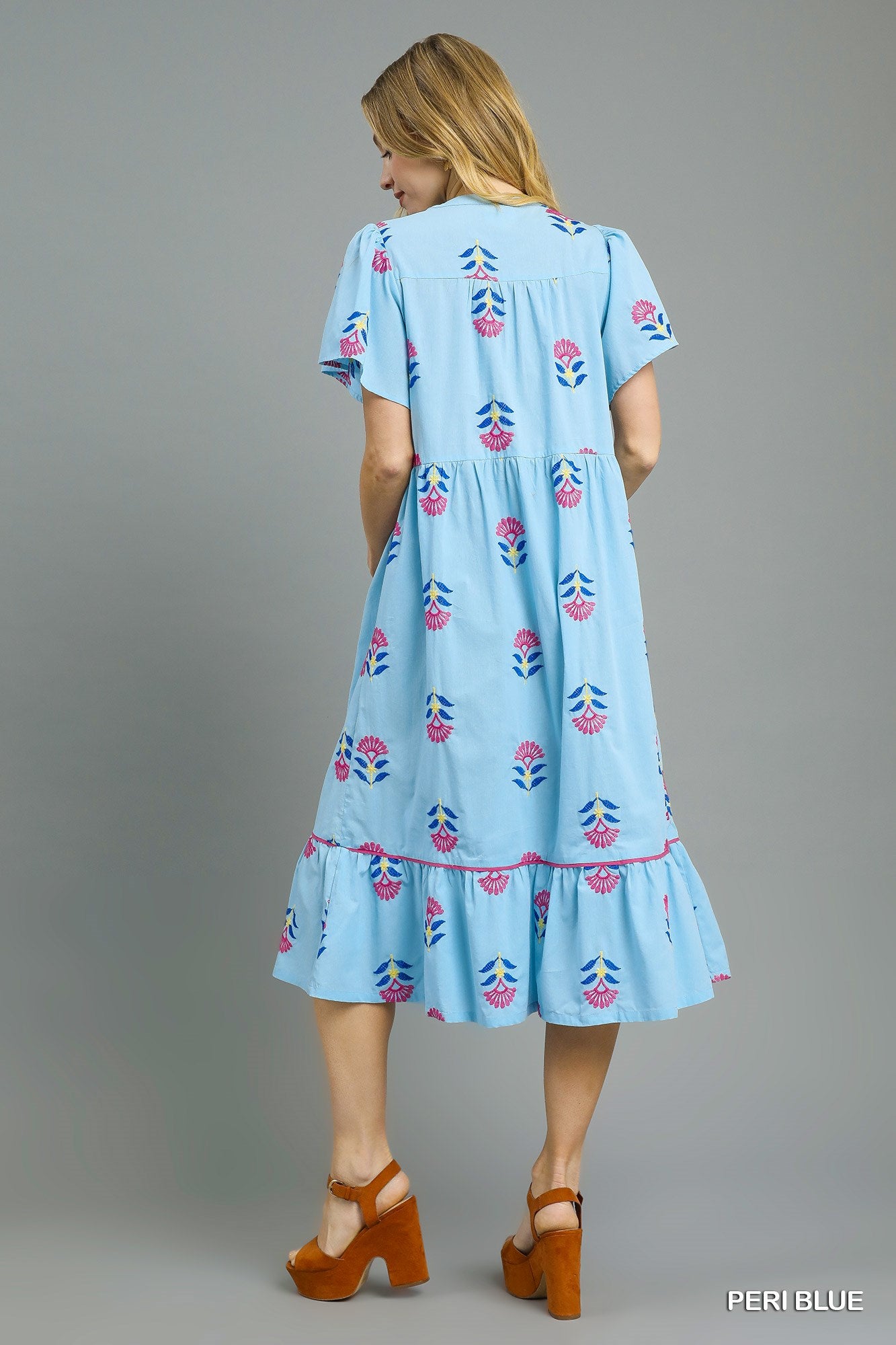 Umgee Peri Blue Embroidered Tiered Midi Dress