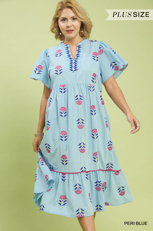 PLUS Umgee Embroidered Tiered Midi Dress – Periwinkle Blue