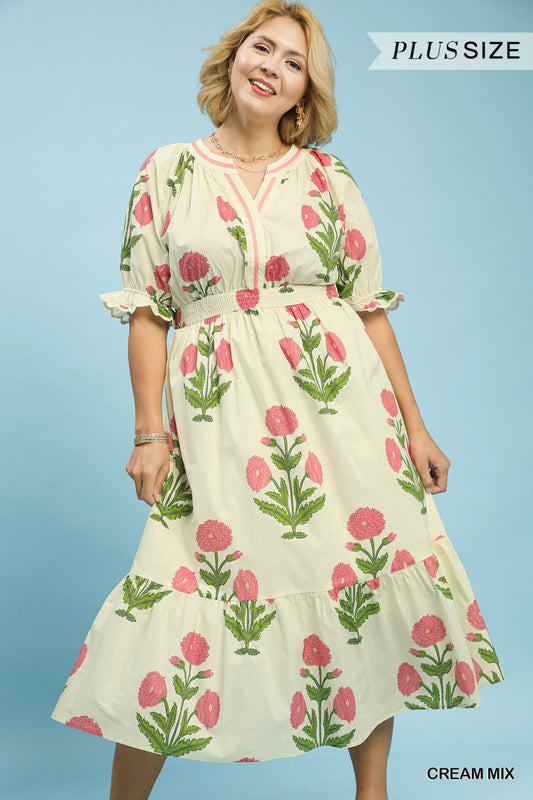 PLUS Umgee Pink & Green Floral Smocked Midi Dress
