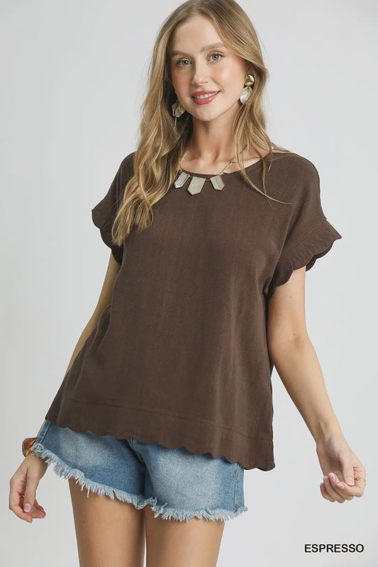 Umgee Chocolate Scallop Hem Linen Blend Top – Breezy Linen-Cotton Blouse