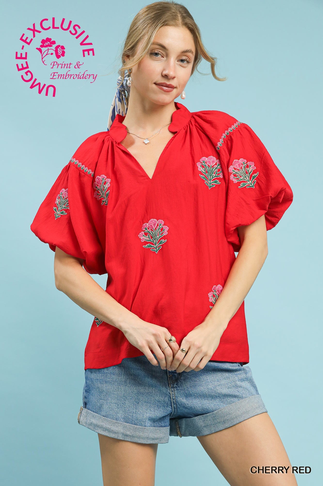 Umgee Cherry Red Embroidered Floral Puff Sleeve Blouse