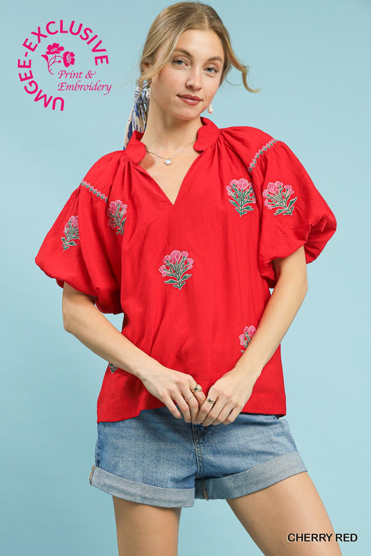 Umgee Cherry Red Embroidered Floral Puff Sleeve Blouse