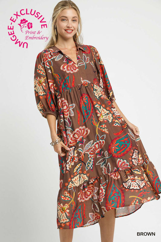 Umgee Boho Paisley Tiered Midi Dress [Brown Mix]