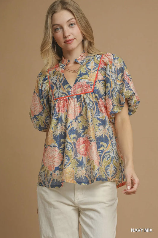 Umgee Meadow Bloom Floral Puff Sleeve Blouse