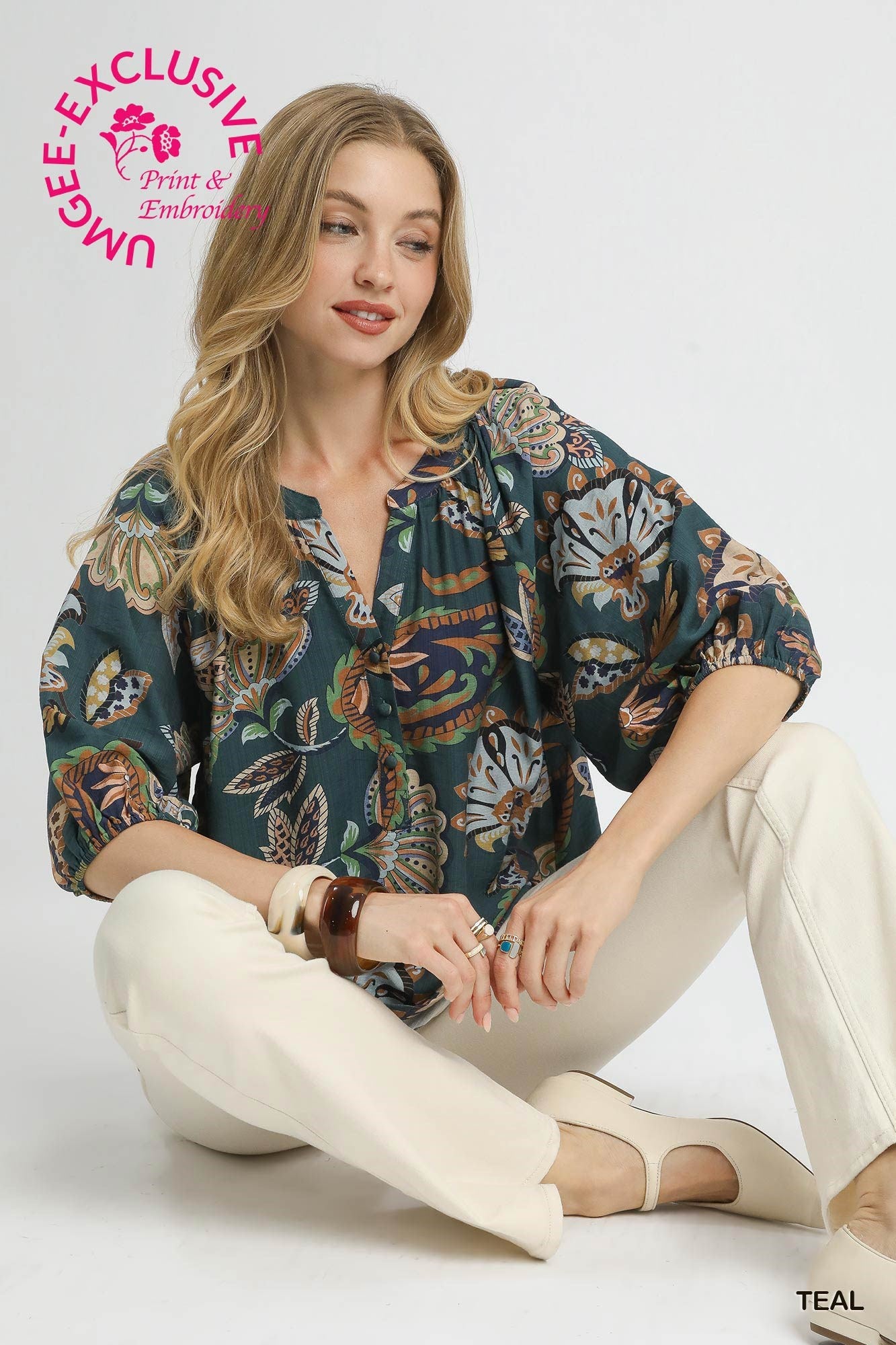 Umgee Boho Paisley Blouse with Puff Sleeves – Teal