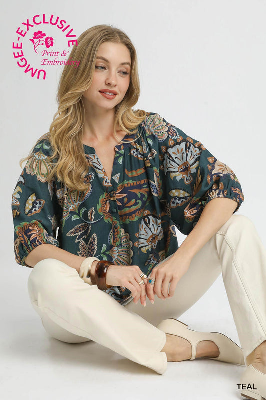 Umgee Boho Paisley Blouse with Puff Sleeves – Teal