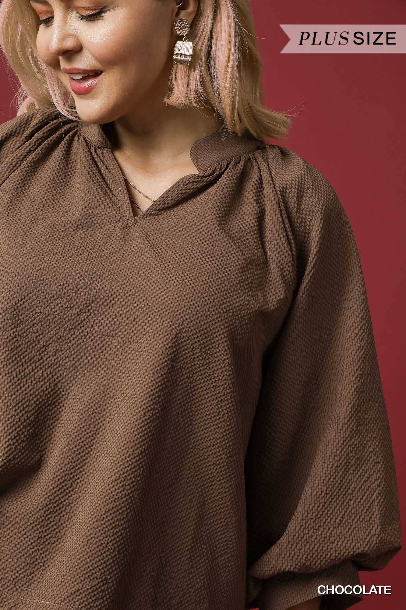 PLUS Umgee Split V-Neck Top with Balloon Sleeves