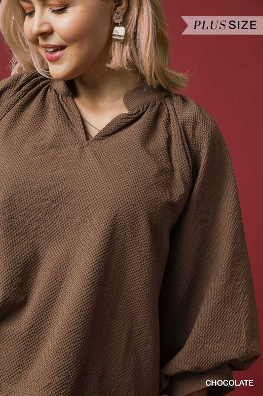 PLUS Umgee Split V-Neck Top with Balloon Sleeves
