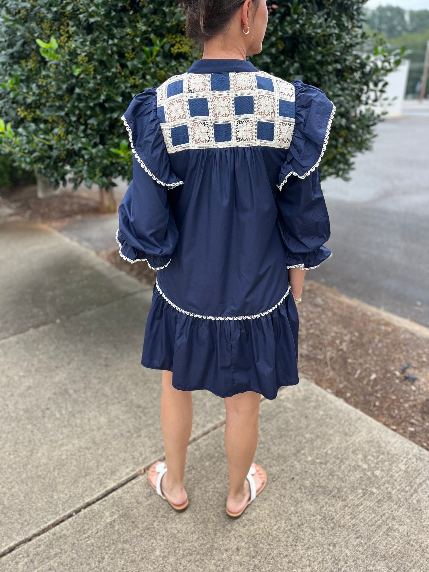 Navy Drop Waist Mini Dress with Crochet Lace Detail