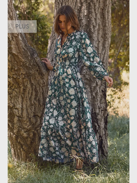 PLUS Oddi Green & Cream Floral Smocked Waist Maxi Dress