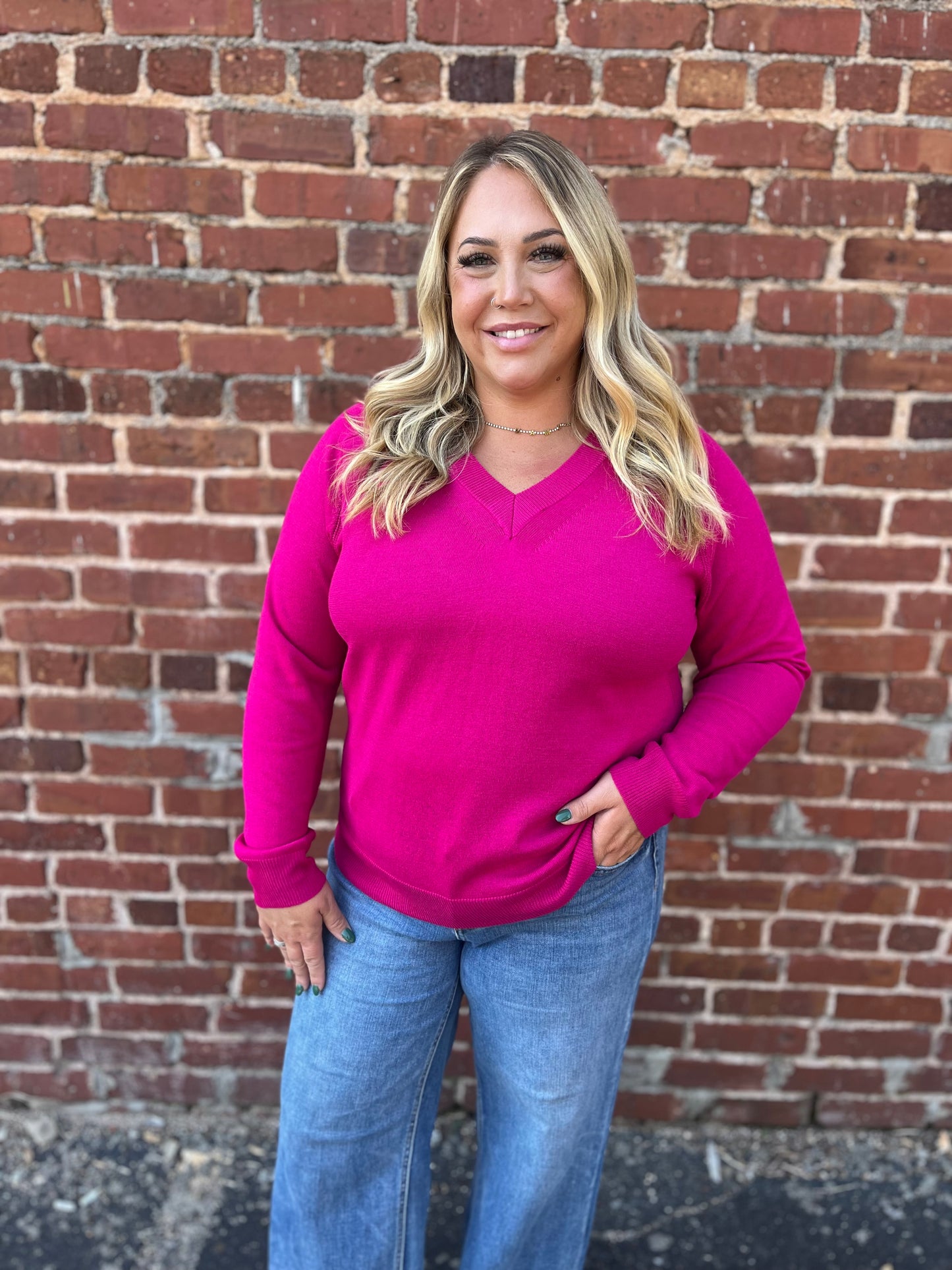 Staccato Magenta Textured V-Neck Sweater