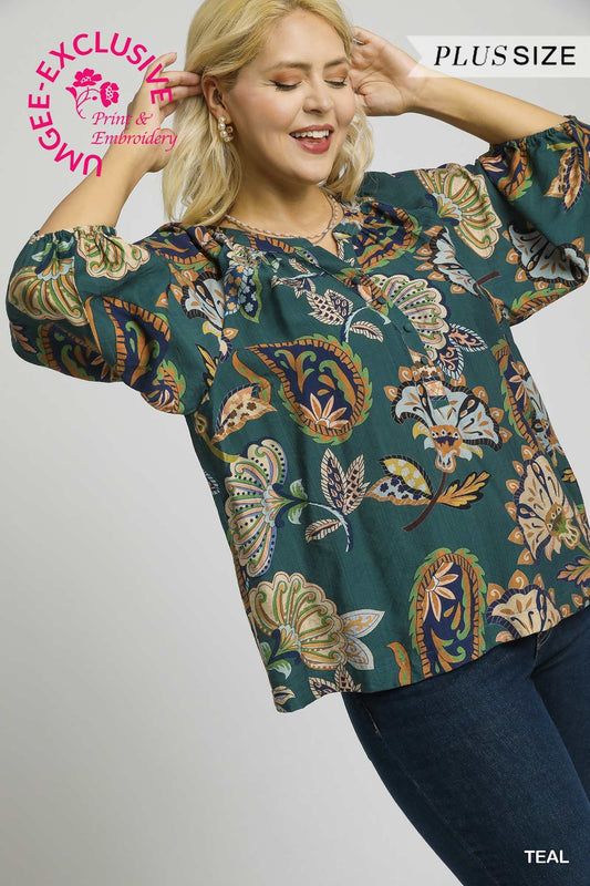 PLUS Umgee Boho Paisley Blouse with Puff Sleeves – Teal