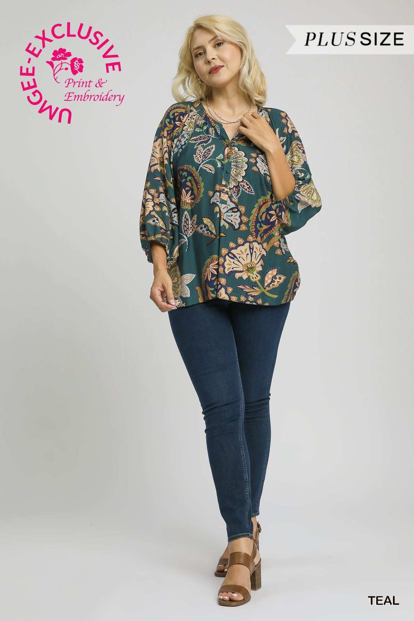PLUS Umgee Boho Paisley Blouse with Puff Sleeves – Teal