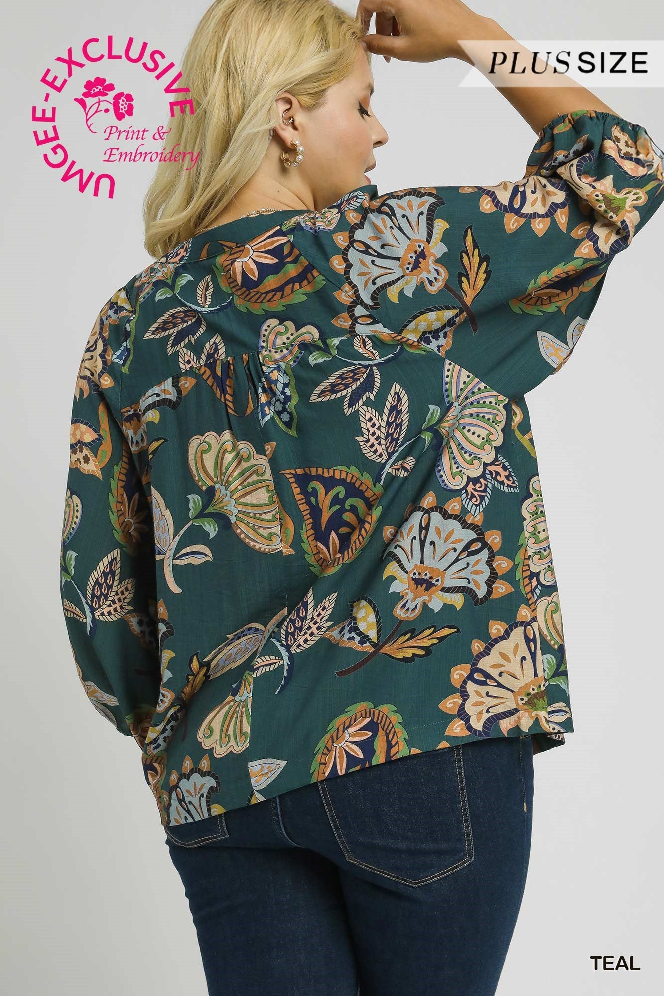 PLUS Umgee Boho Paisley Blouse with Puff Sleeves – Teal