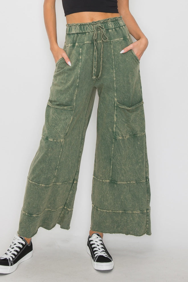 J.Her Olive Mineral Wash Wide Leg Pants with Raw Hem