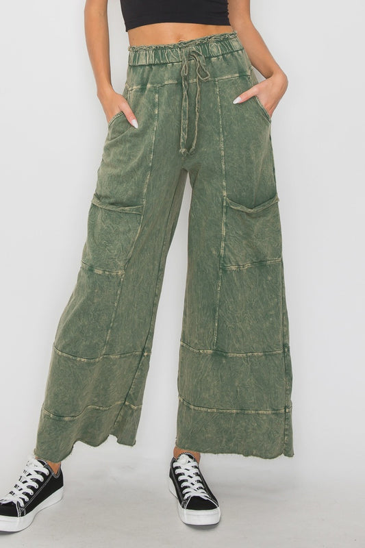 J.Her Olive Mineral Wash Wide Leg Pants with Raw Hem