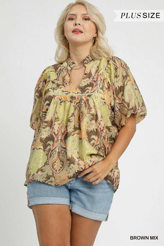 PLUS Umgee Meadow Bloom Floral Puff Sleeve Blouse