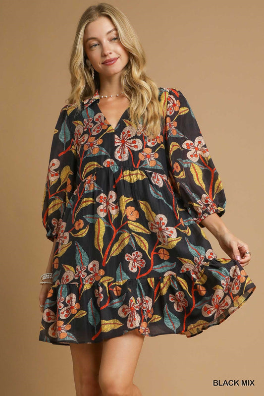 Umgee Tropical Floral Ruffle Mini Dress with Puff Sleeves
