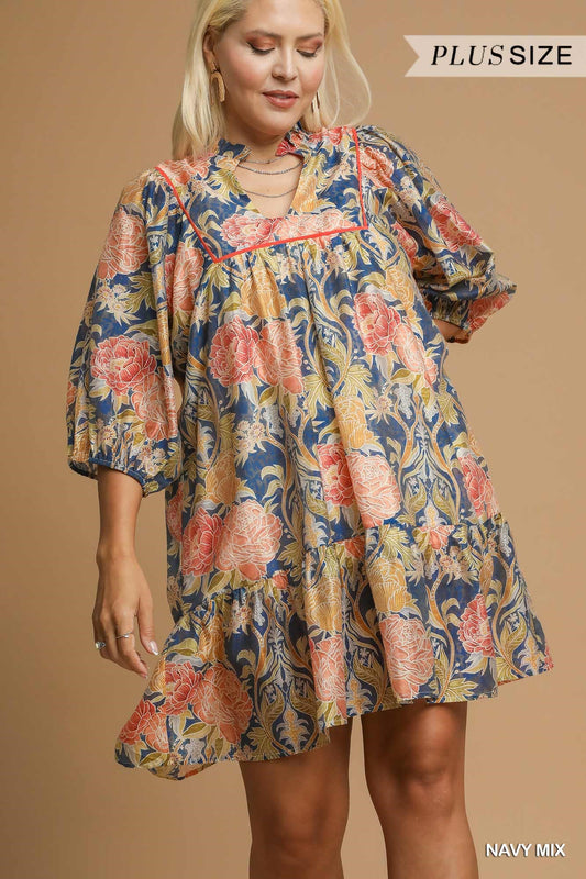 PLUS Umgee Abstract Print Puff Sleeve Mini Dress – Babydoll Fit with Ruffle Trim