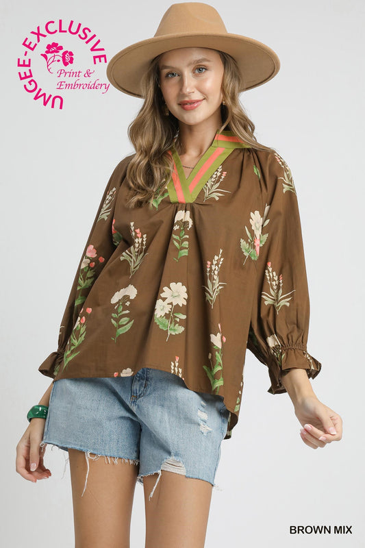 Umgee Floral Contrast Trim Blouse – Copyright Print