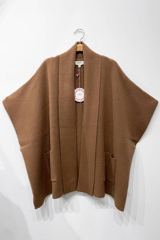 Umgee Mocha Knit Shawl Collar Cardigan – Open Front Oversized Cape Cardigan