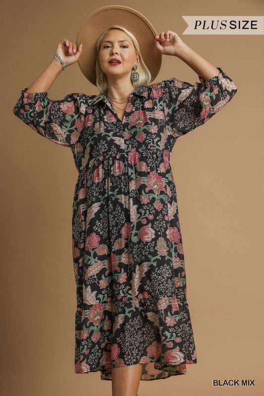 PLUS Umgee Boho Floral Tiered Midi Dress with Puff Sleeves – Black Mix