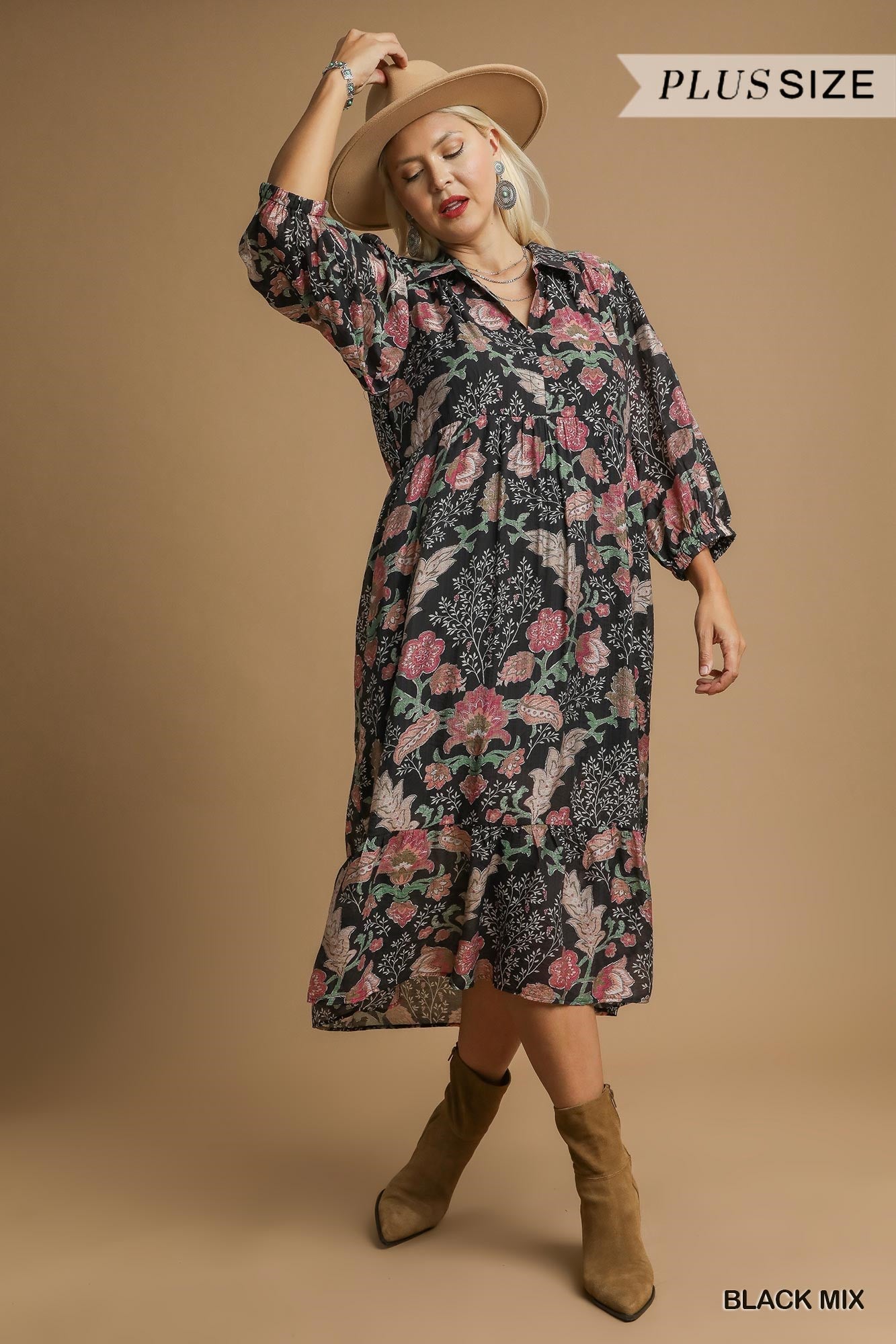 PLUS Umgee Boho Floral Tiered Midi Dress with Puff Sleeves – Black Mix