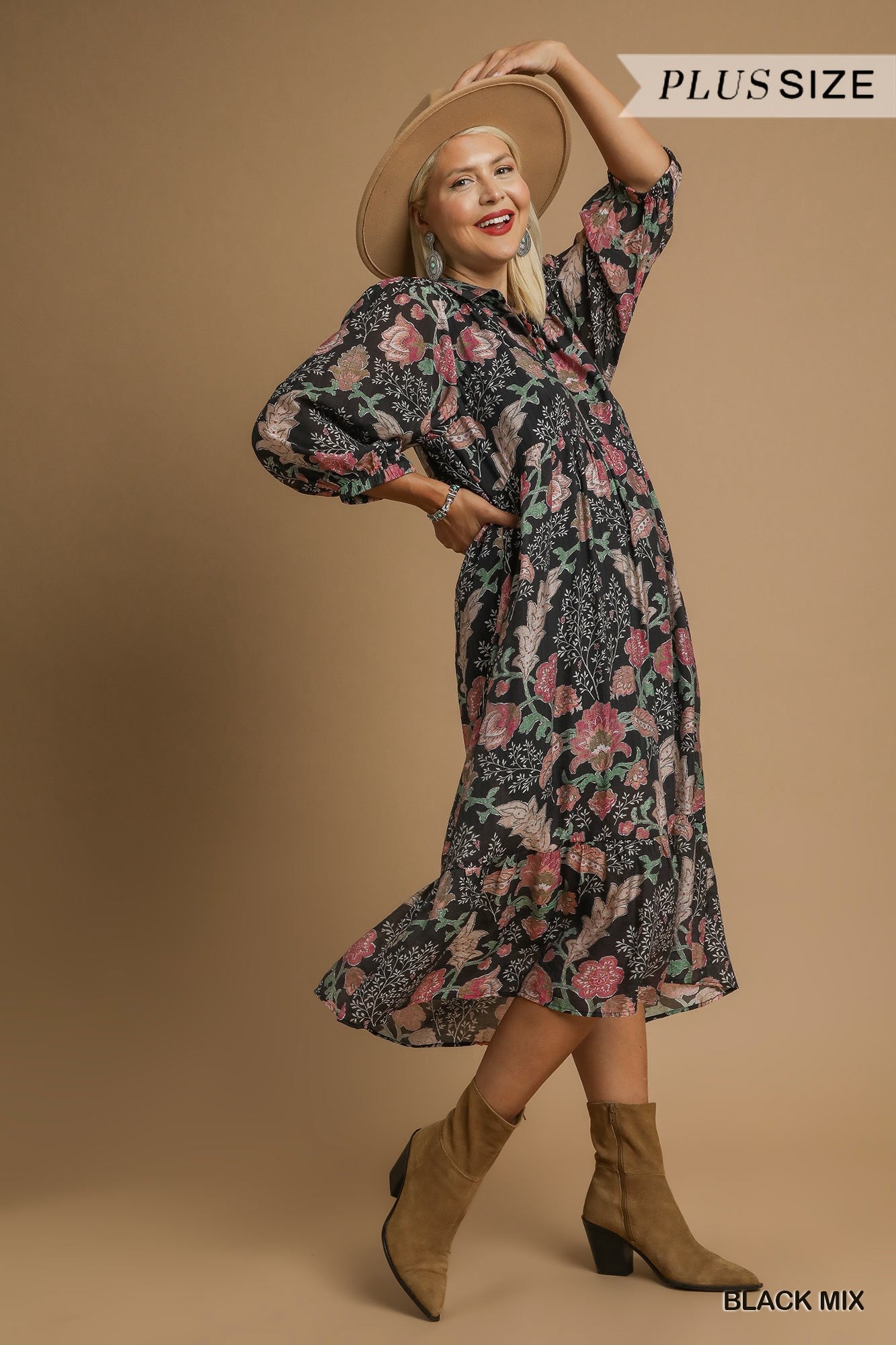 PLUS Umgee Boho Floral Tiered Midi Dress with Puff Sleeves – Black Mix