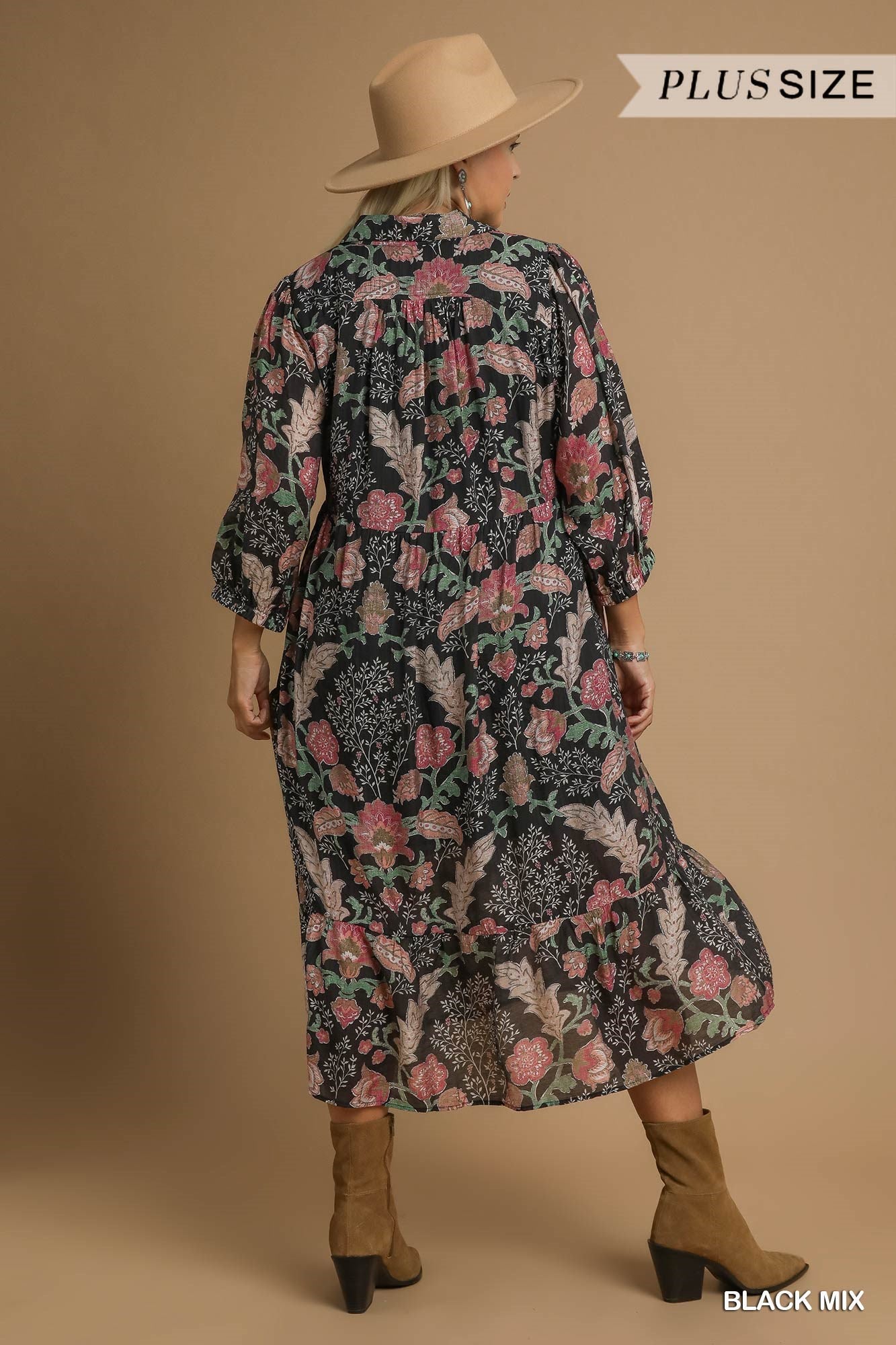 PLUS Umgee Boho Floral Tiered Midi Dress with Puff Sleeves – Black Mix