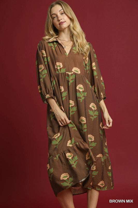 Umgee Floral Print Maxi Dress with Bubble Sleeves – Brown Mix