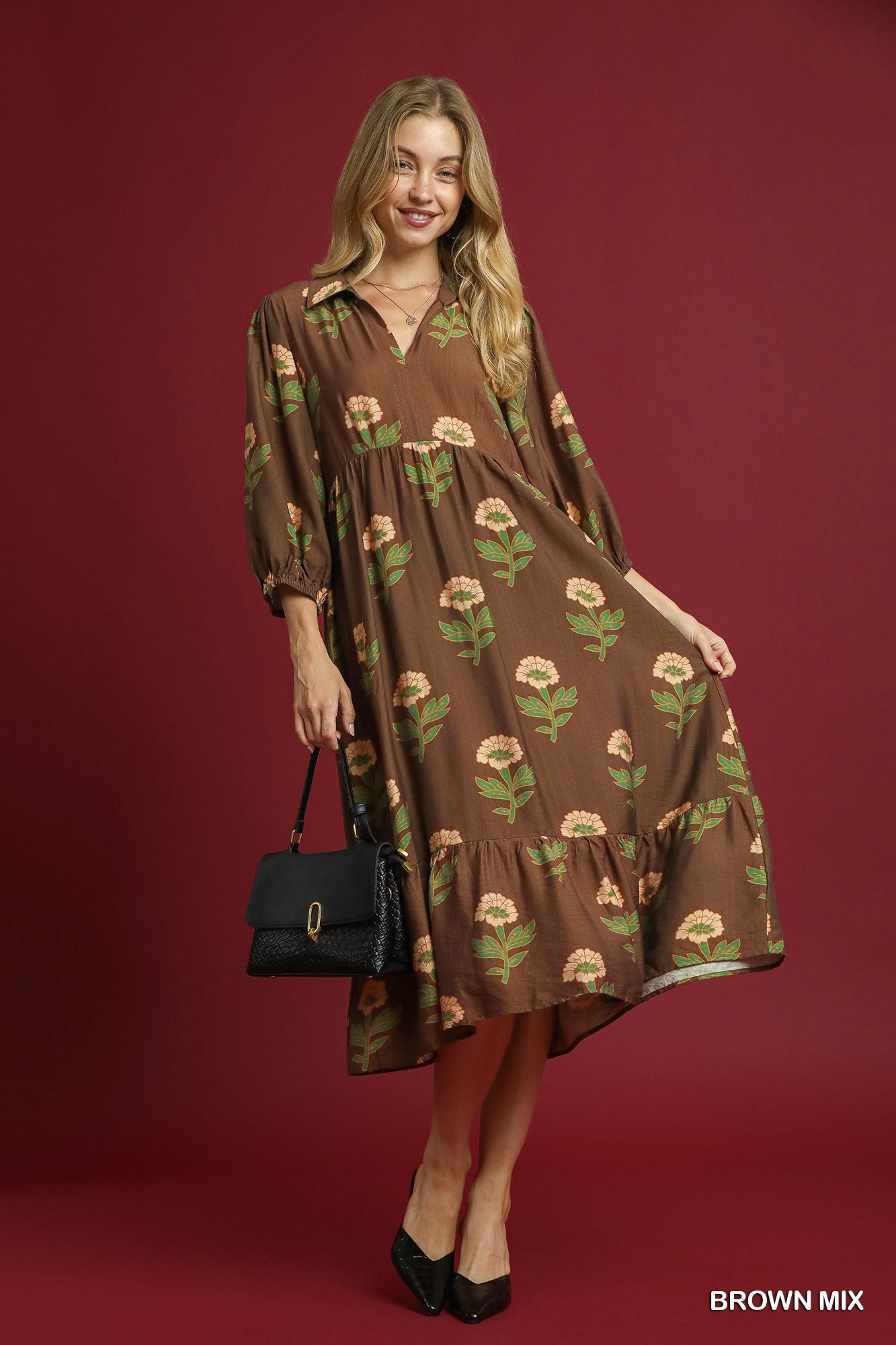 Umgee Floral Print Maxi Dress with Bubble Sleeves – Brown Mix