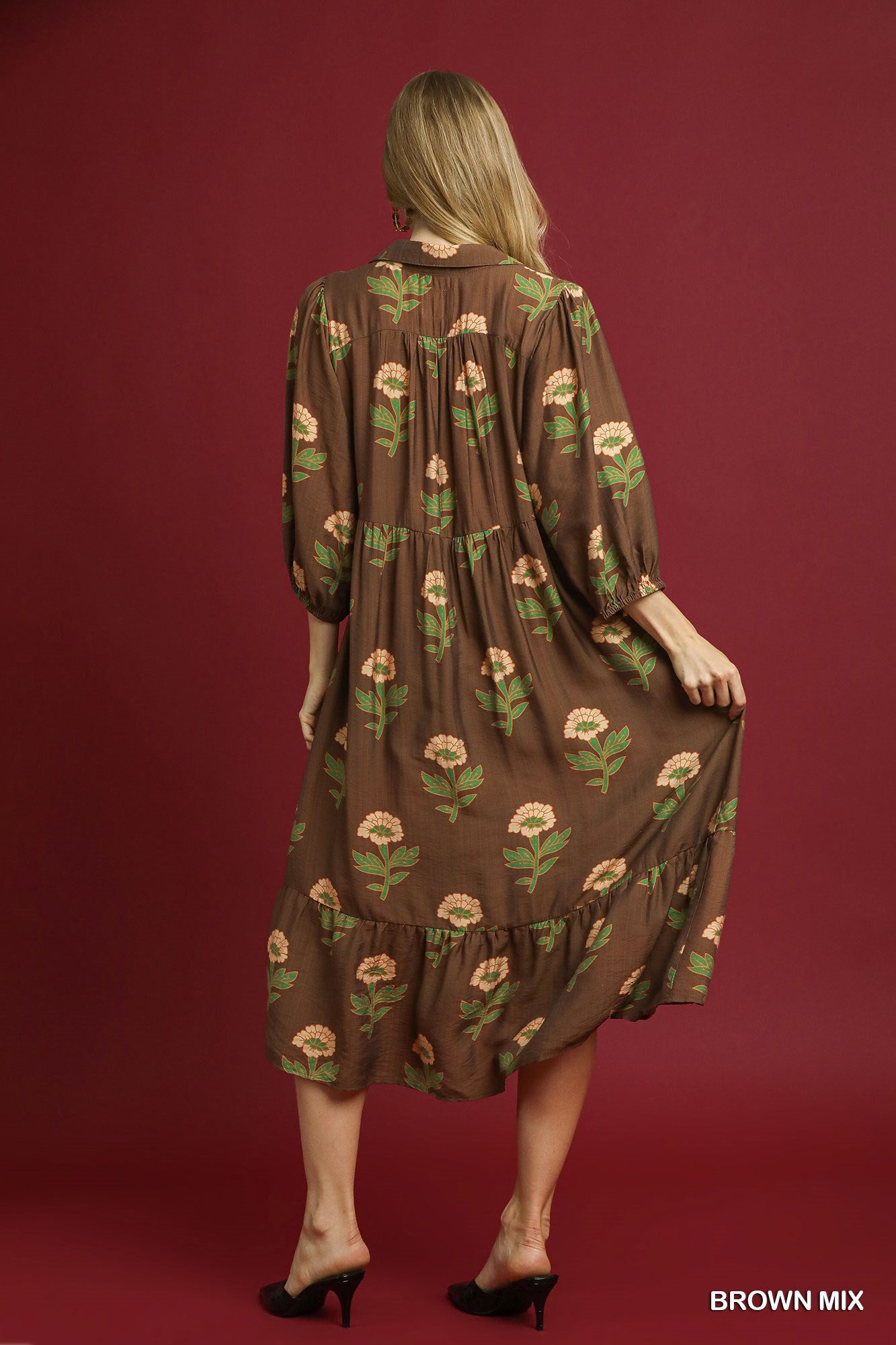 Umgee Floral Print Maxi Dress with Bubble Sleeves – Brown Mix