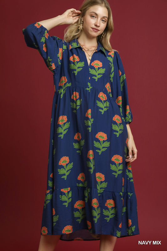 Umgee Floral Print Bubble Sleeve Maxi Dress